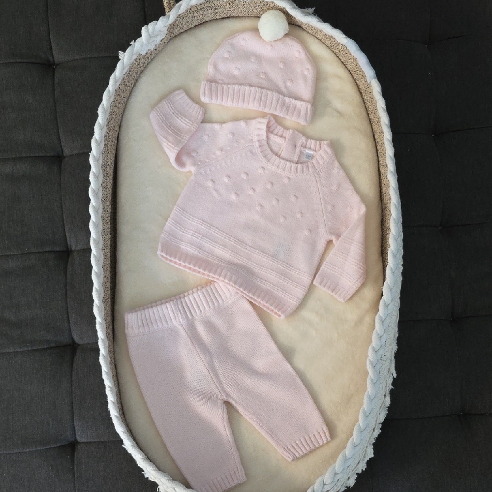 Pink Baby Knit Sweater Set with Hat